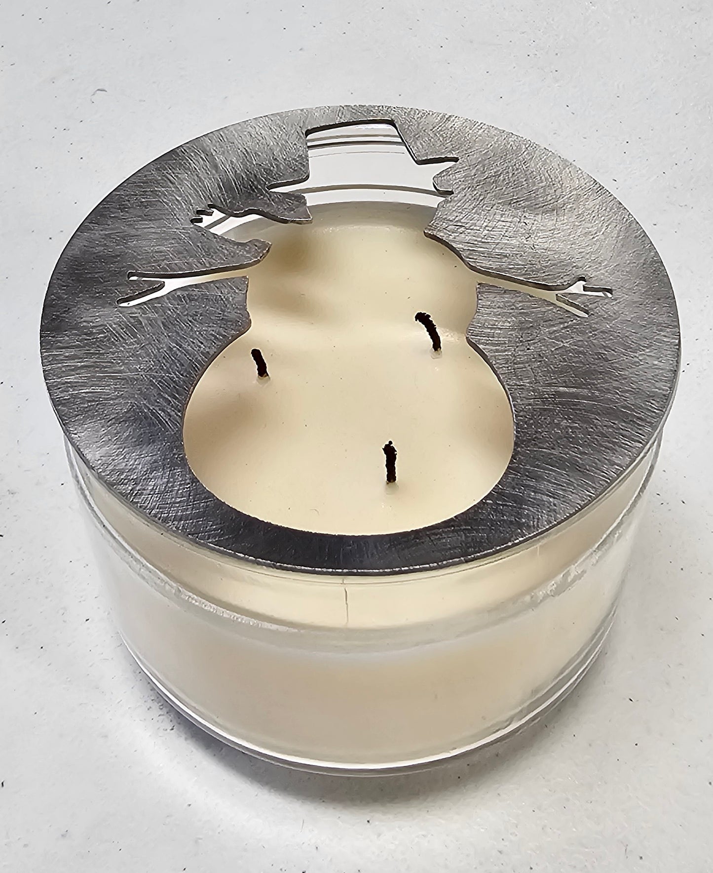 Christmas candle topper with snowman cutout metal lid
