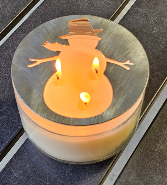 Christmas candle topper with snowman cutout metal lid