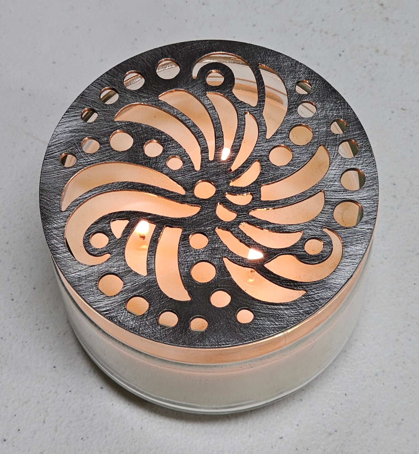 Sundara Candle Topper – decorative metal candle lid for jar candles, handcrafted for even burn and elegant home décor.