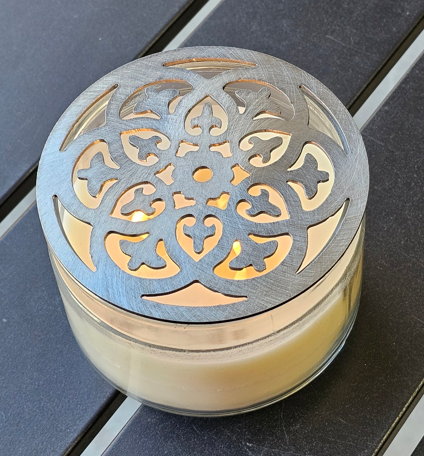 Celestial Mandala Candle Topper – Decorative Metal Candle Lid for Even Burn – Prevents Tunneling – Boho Spiritual Jar Candle Cover – Ornate Metal Candle Lid