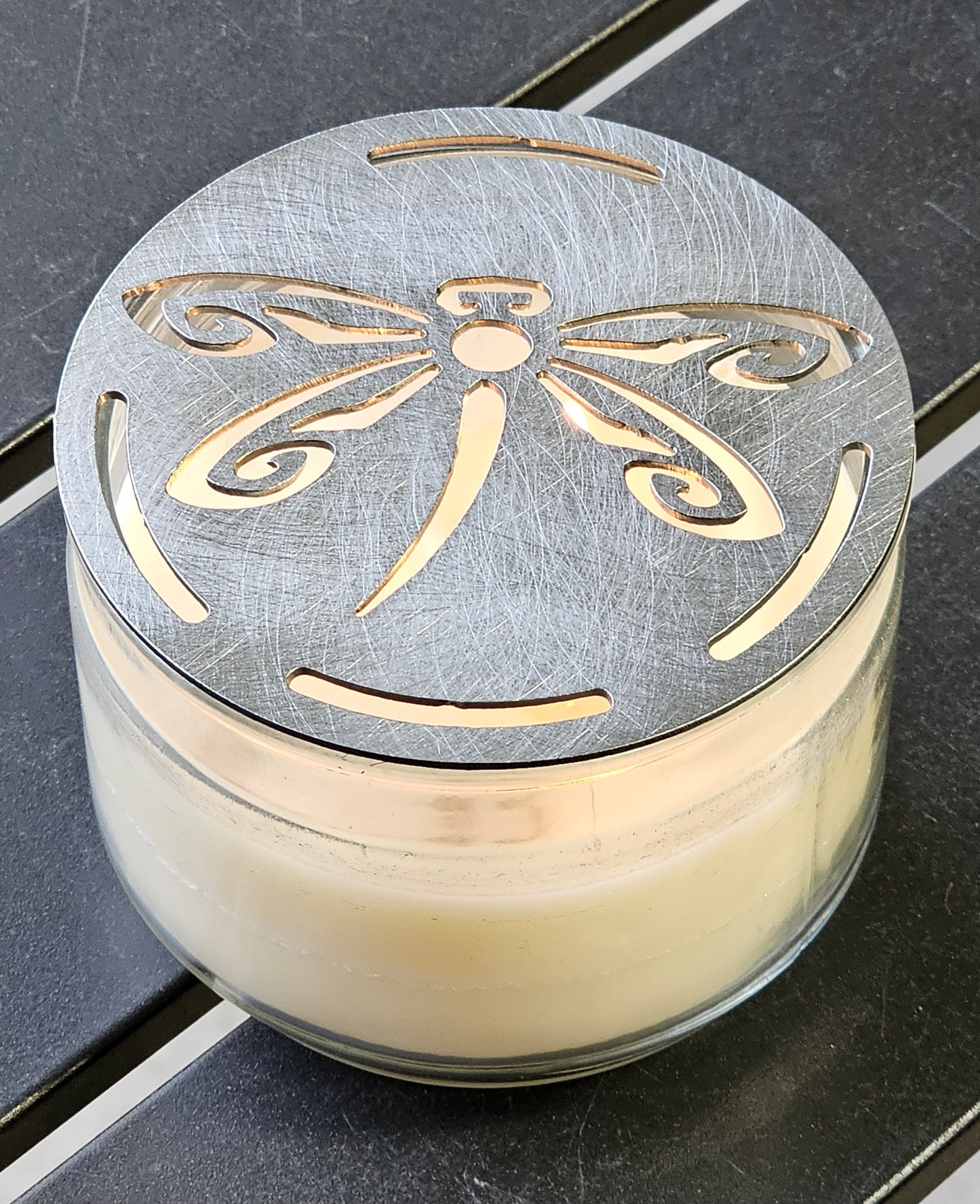 Dragonfly Metal Candle Topper – Airflow Metal Lid Prevents Tunneling for Jar Candles | Soot Reducer & Burn Enhancer | Decorative Candle Accessory