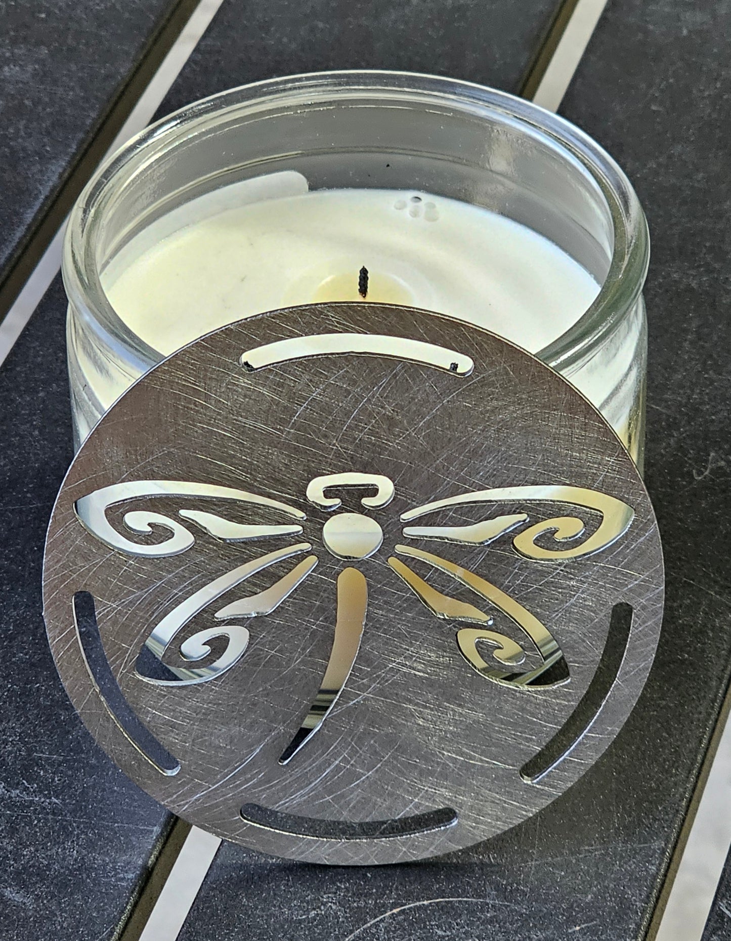 Dragonfly Metal Candle Topper – Airflow Metal Lid Prevents Tunneling for Jar Candles | Soot Reducer & Burn Enhancer | Decorative Candle Accessory