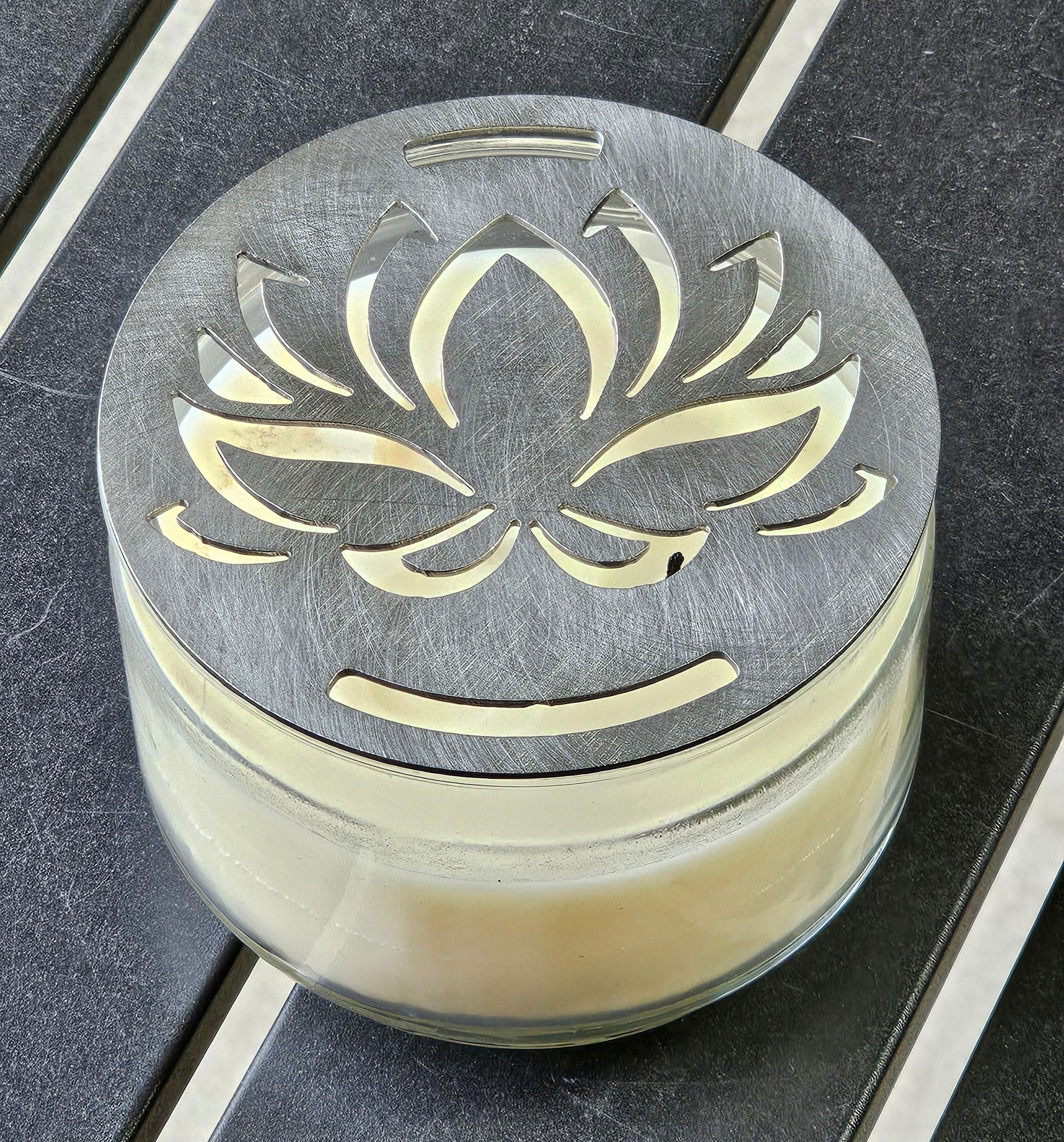 Lotus Blossom metal candle topper on jar candle