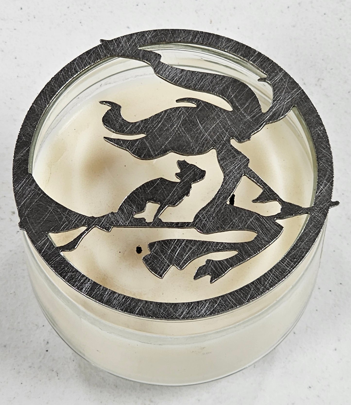 Witch’s Familiar Candle Topper, Black Cat Candle Accessory, Halloween Decor, Metal Jar Candle Lid, Witchy Home Decor, Reduces Tunneling