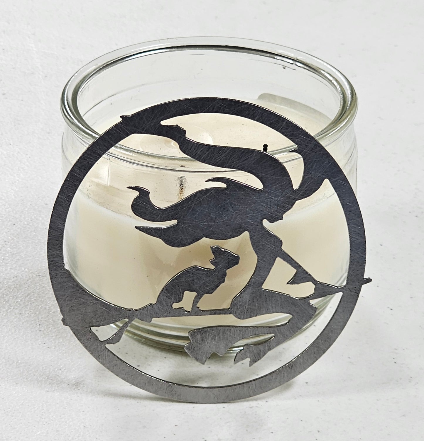 Witch’s Familiar Candle Topper, Black Cat Candle Accessory, Halloween Decor, Metal Jar Candle Lid, Witchy Home Decor, Reduces Tunneling