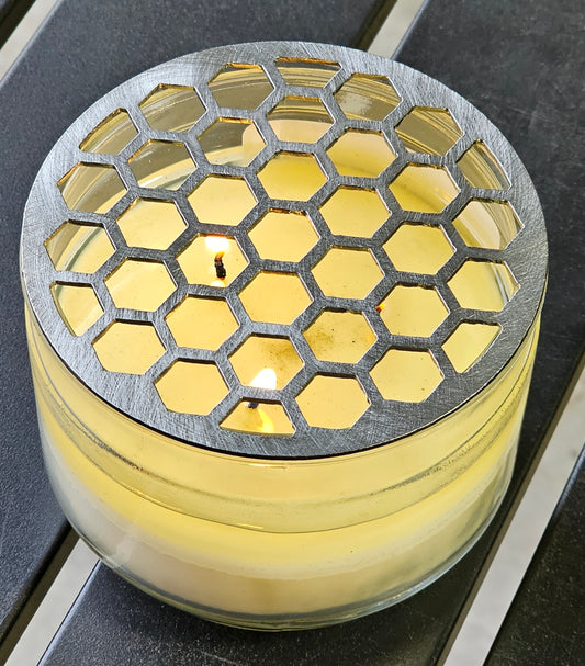 Honeycomb metal candle topper on jar candle