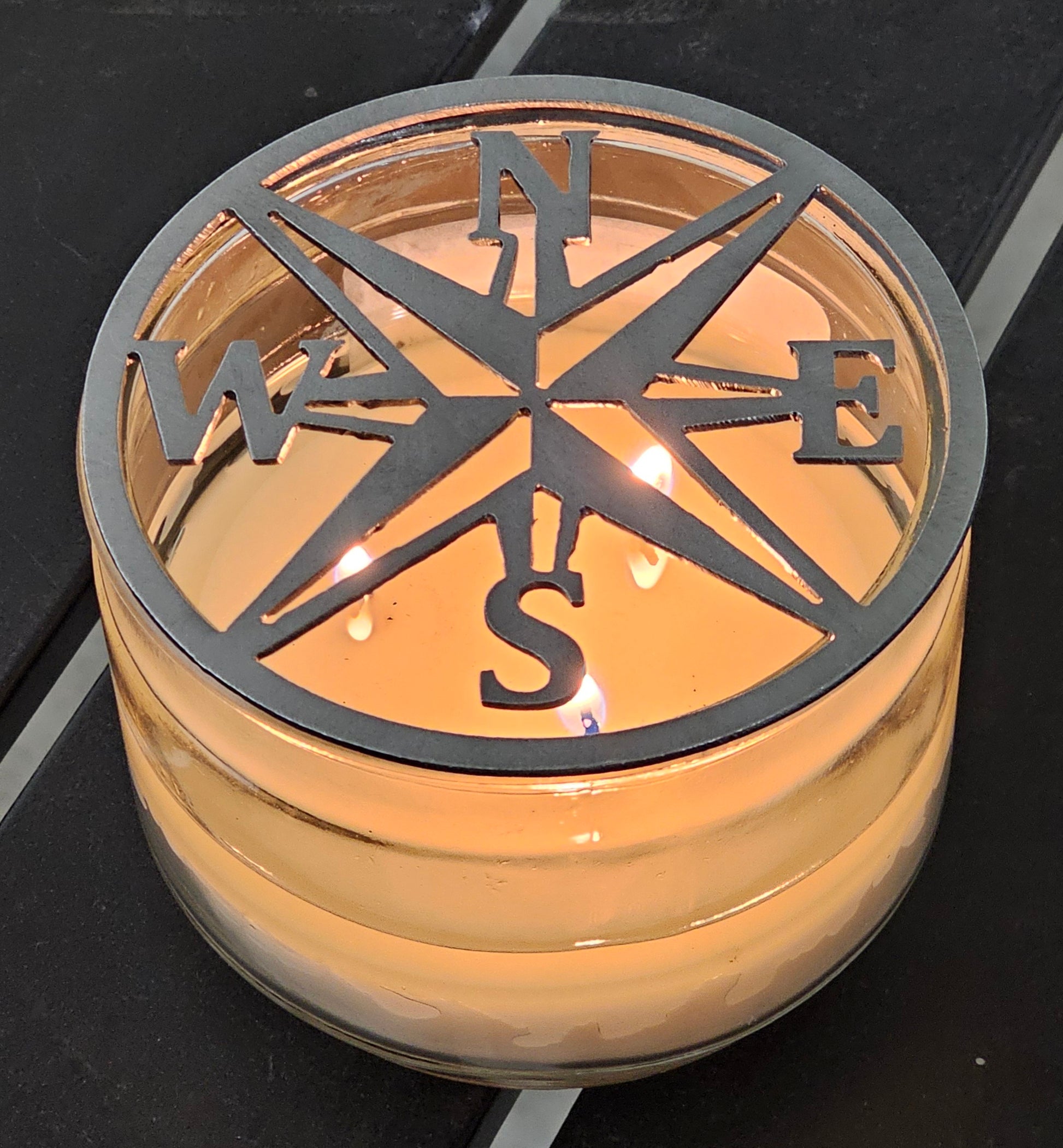 Beach house jar candle topper with compass design