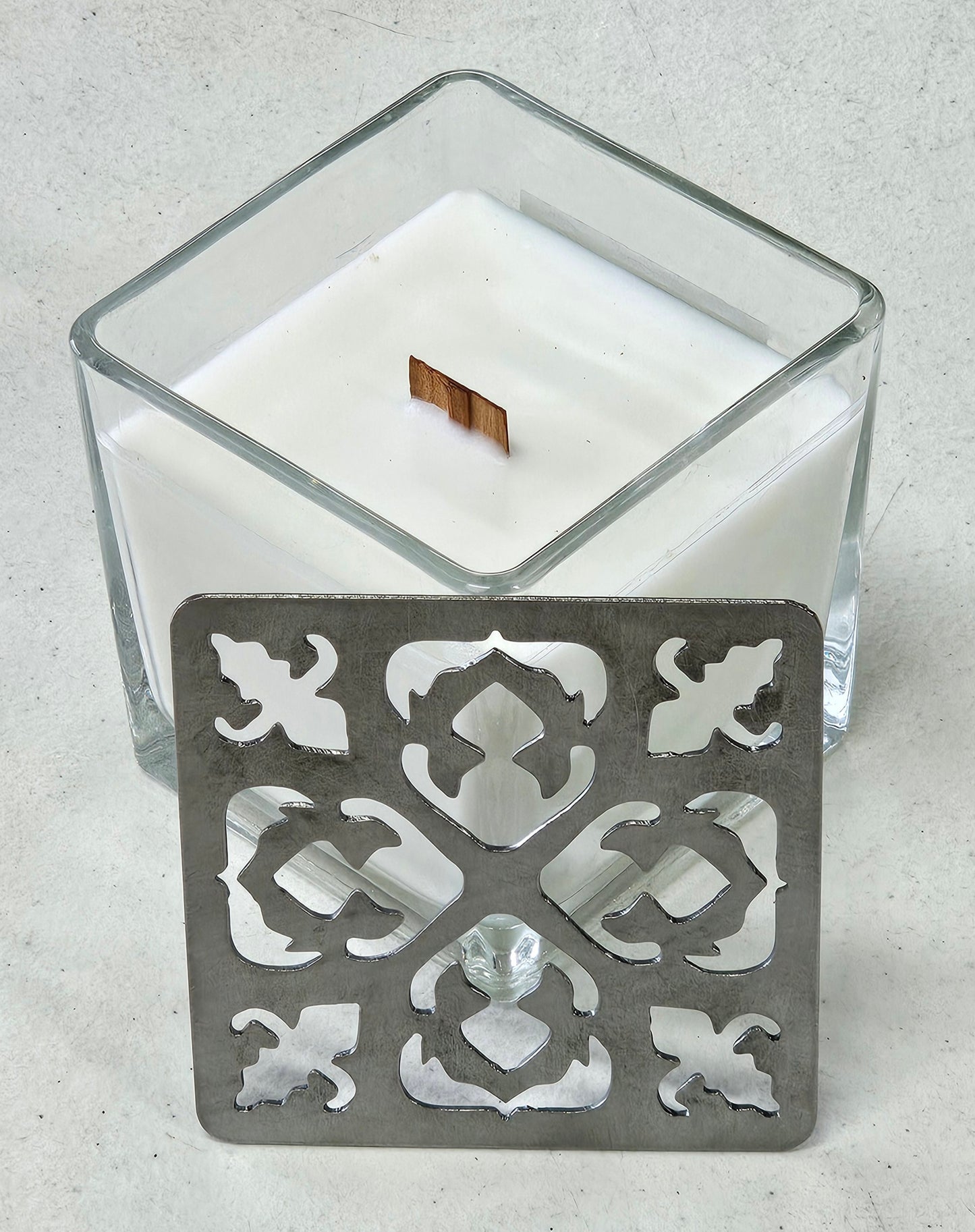 Embercrest Filigree Square Candle Topper – Ornate Metal Candle Lid for Even Burn – Prevents Tunneling – Decorative Square Jar Candle Cover