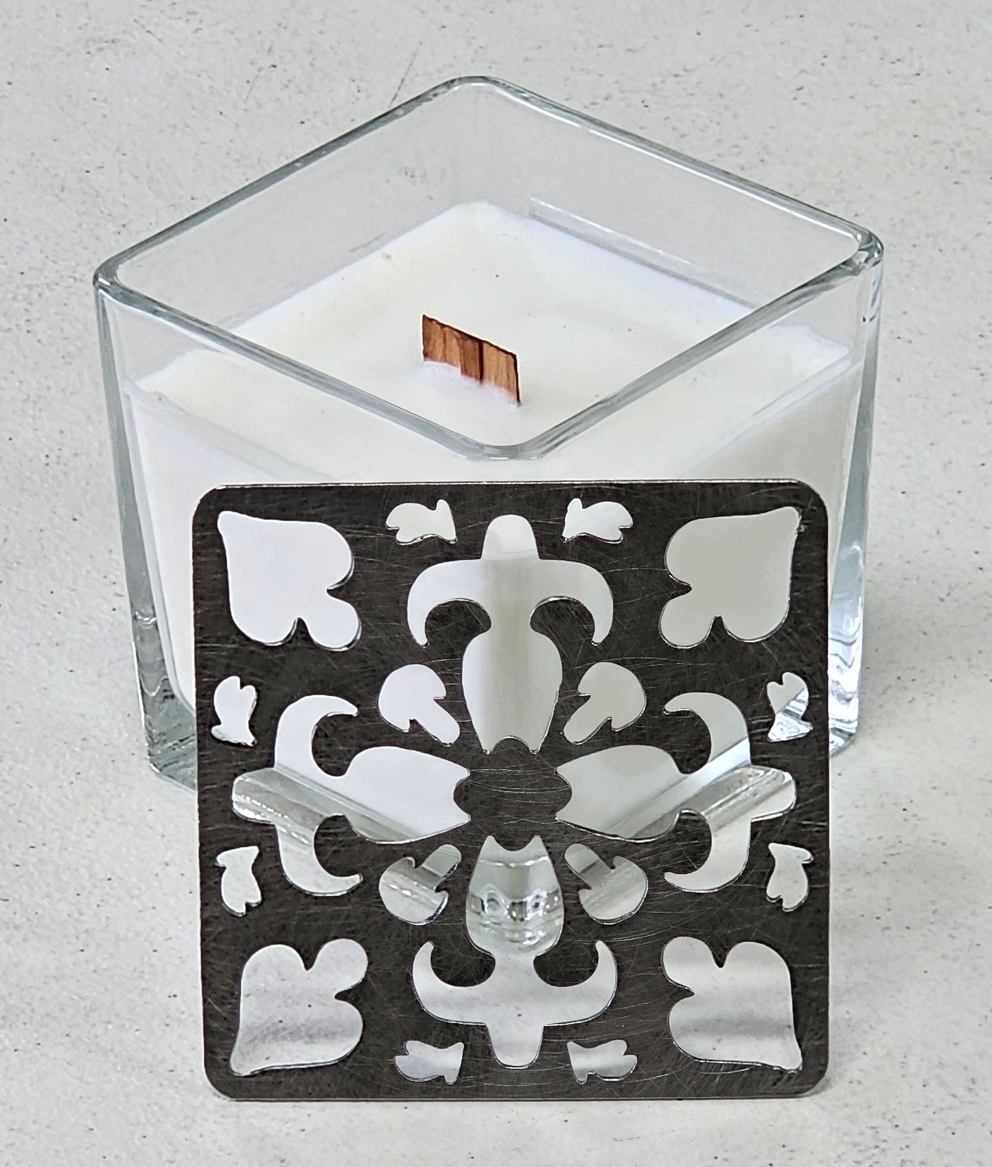 Square jar candle with artisan metal topper