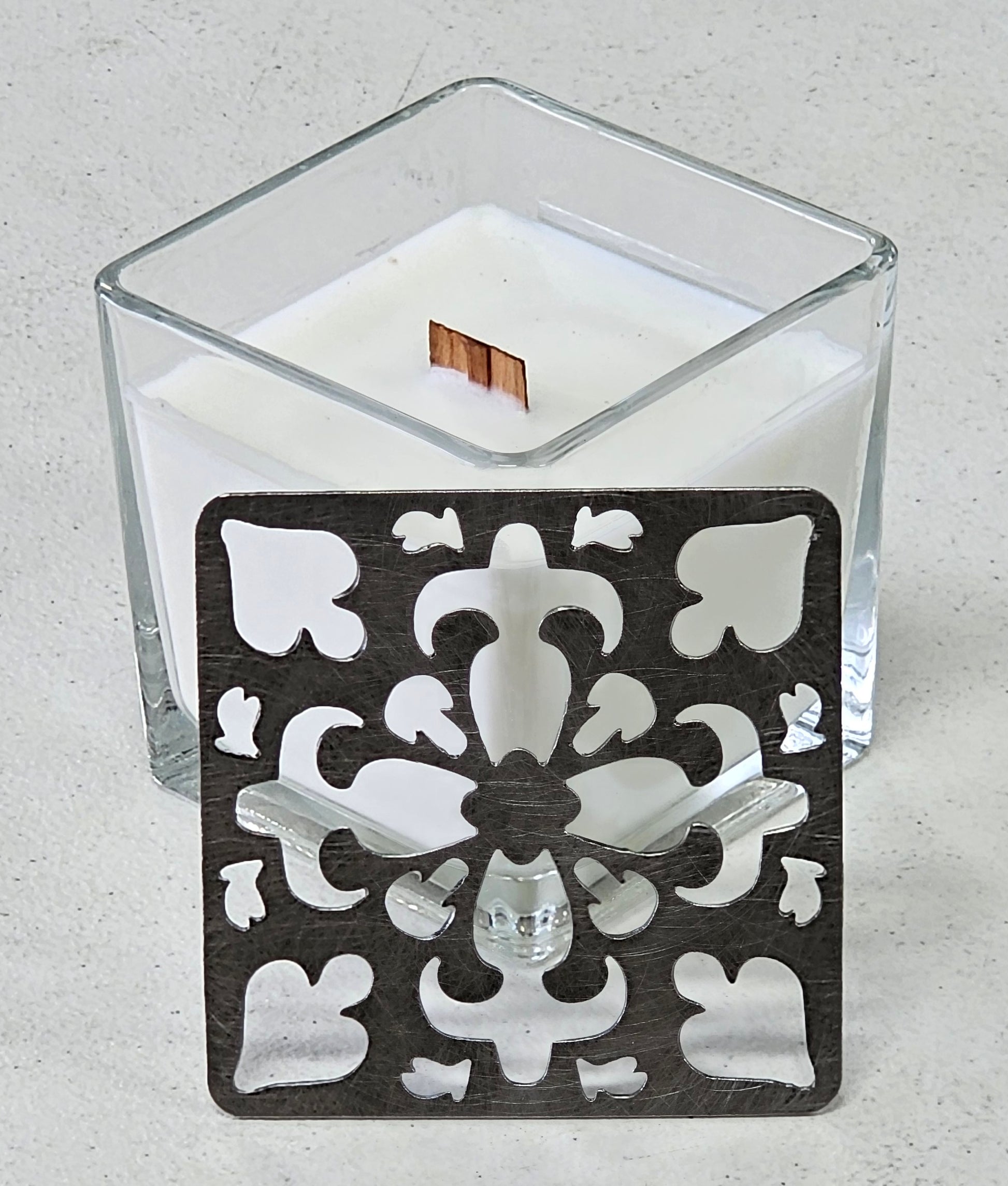 Square jar candle with artisan metal topper