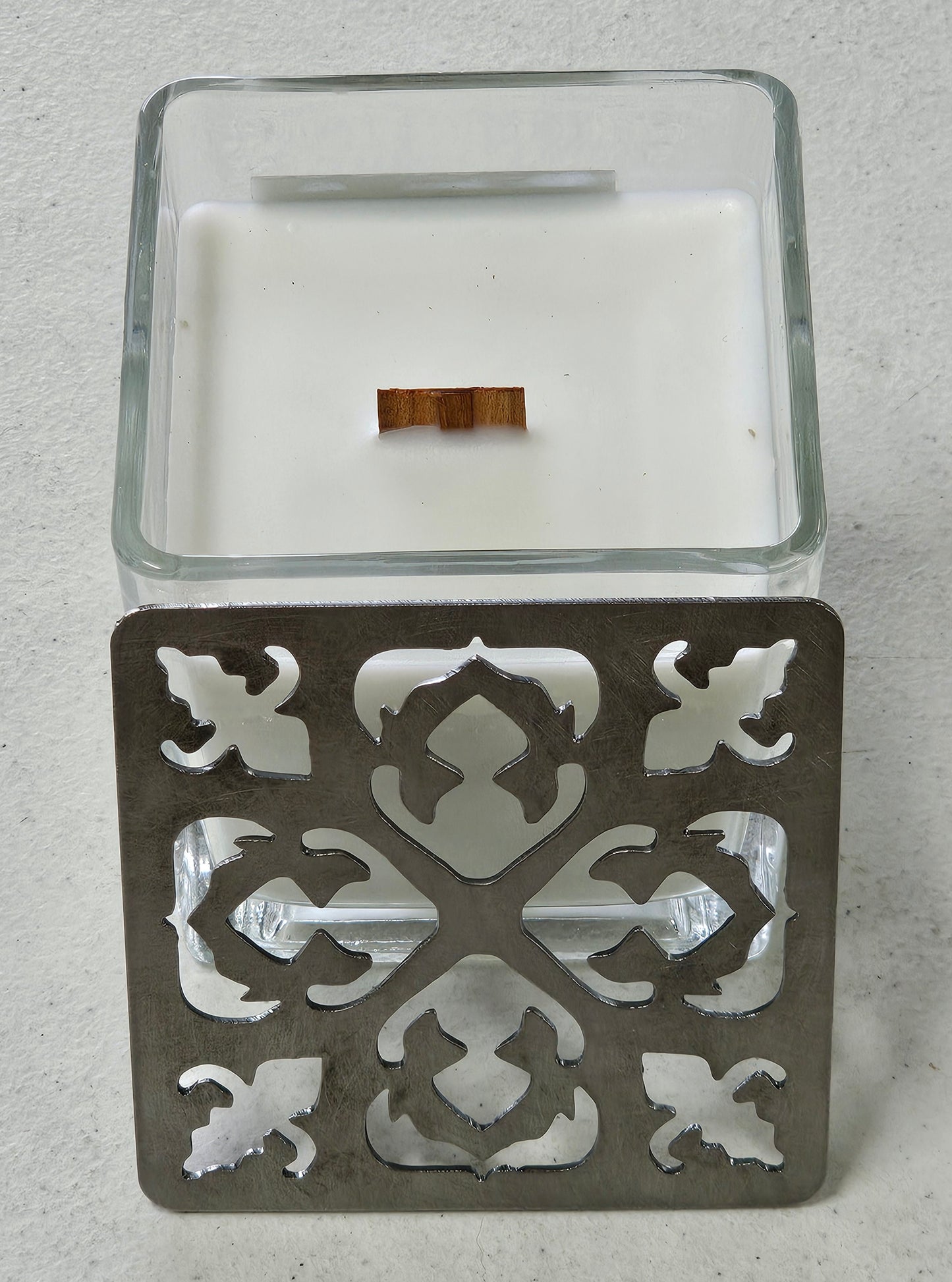Embercrest Filigree Square Candle Topper – Ornate Metal Candle Lid for Even Burn – Prevents Tunneling – Decorative Square Jar Candle Cover