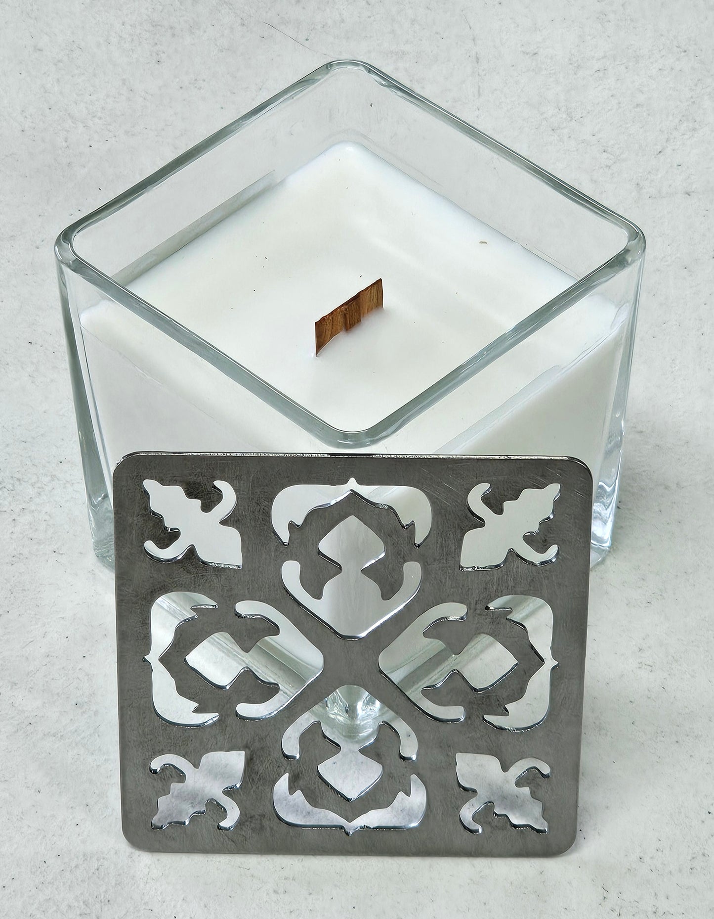 Embercrest Filigree Square Candle Topper – Ornate Metal Candle Lid for Even Burn – Prevents Tunneling – Decorative Square Jar Candle Cover