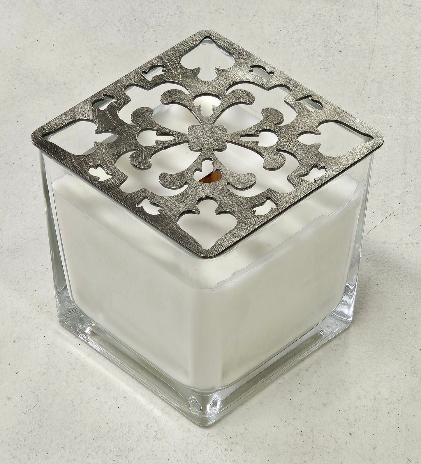 Decorative filigree candle lid for farmhouse home decor