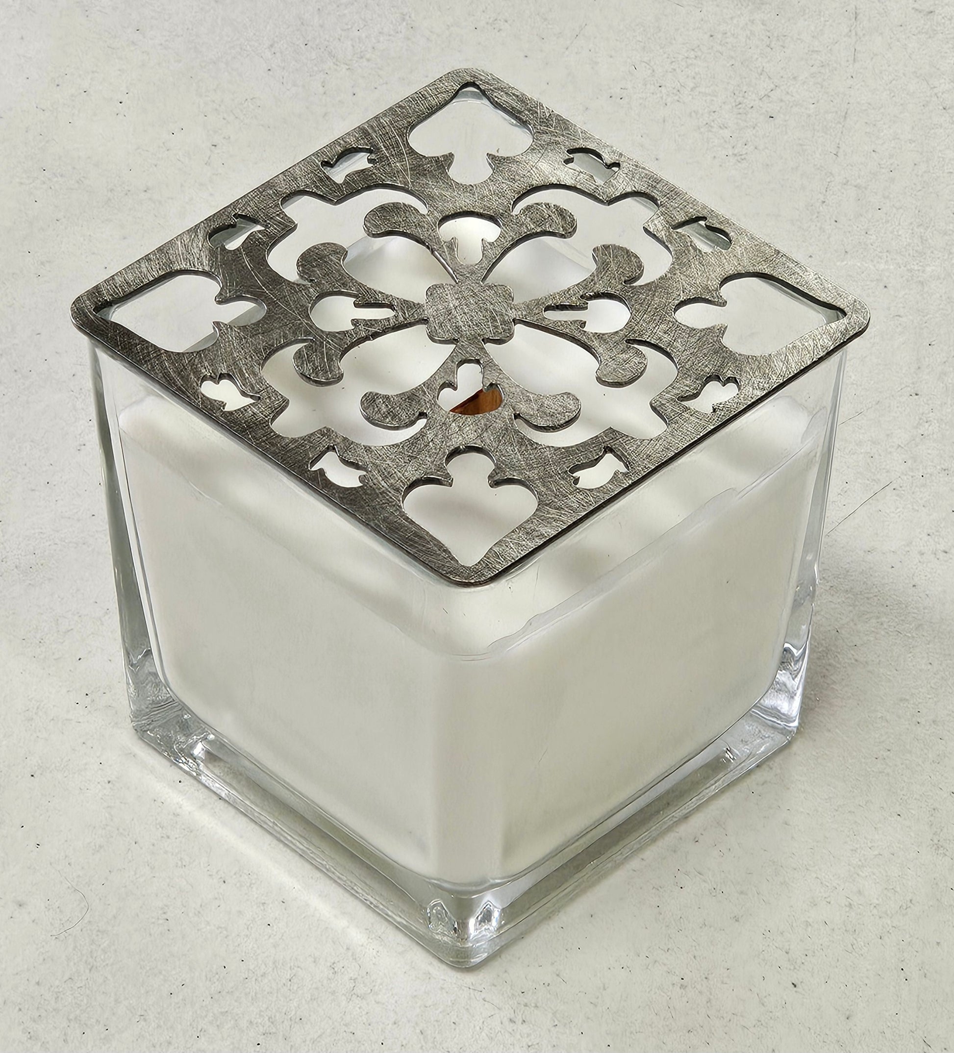 Decorative filigree candle lid for farmhouse home decor