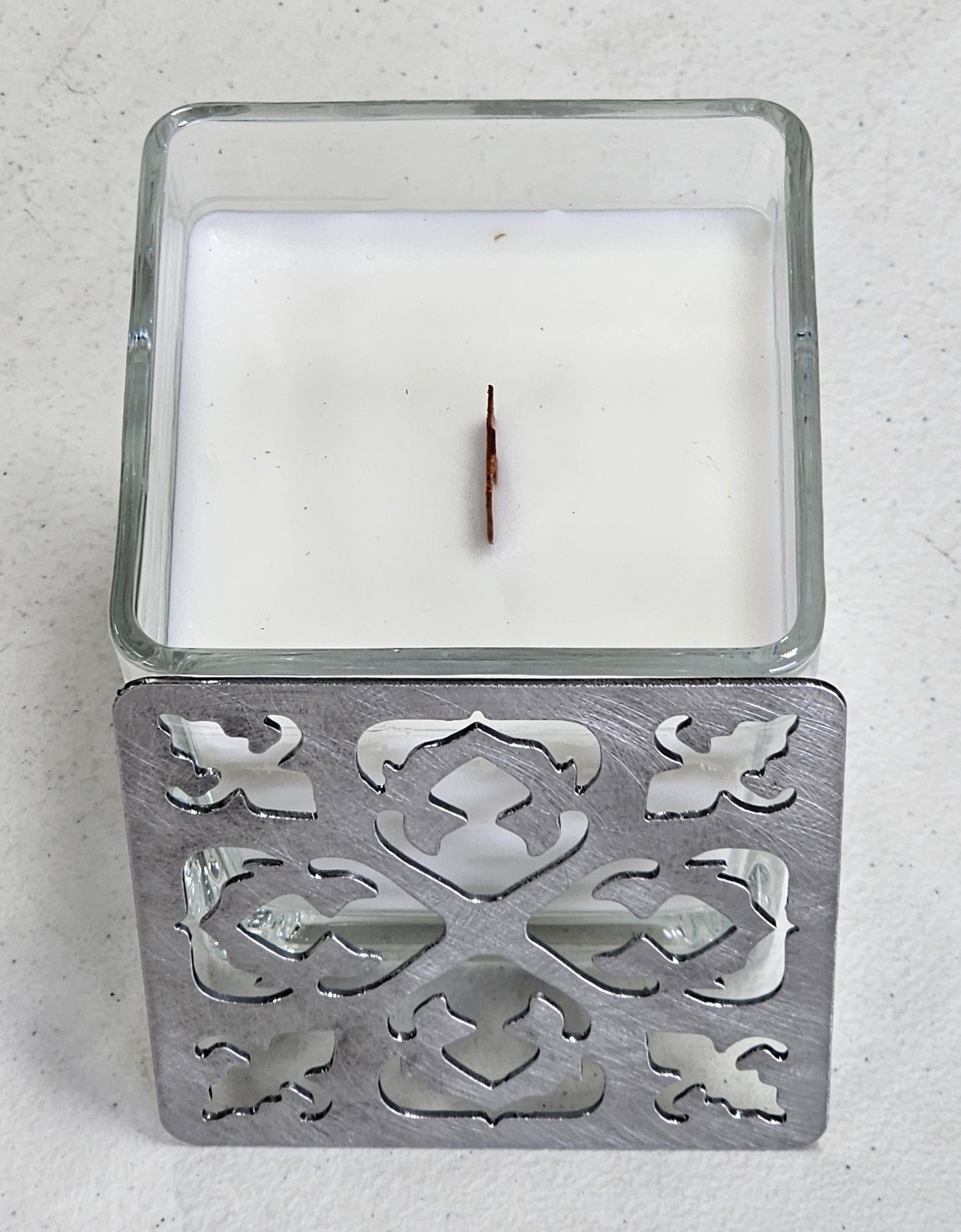 Embercrest Filigree Square Candle Topper – Ornate Metal Candle Lid for Even Burn – Prevents Tunneling – Decorative Square Jar Candle Cover