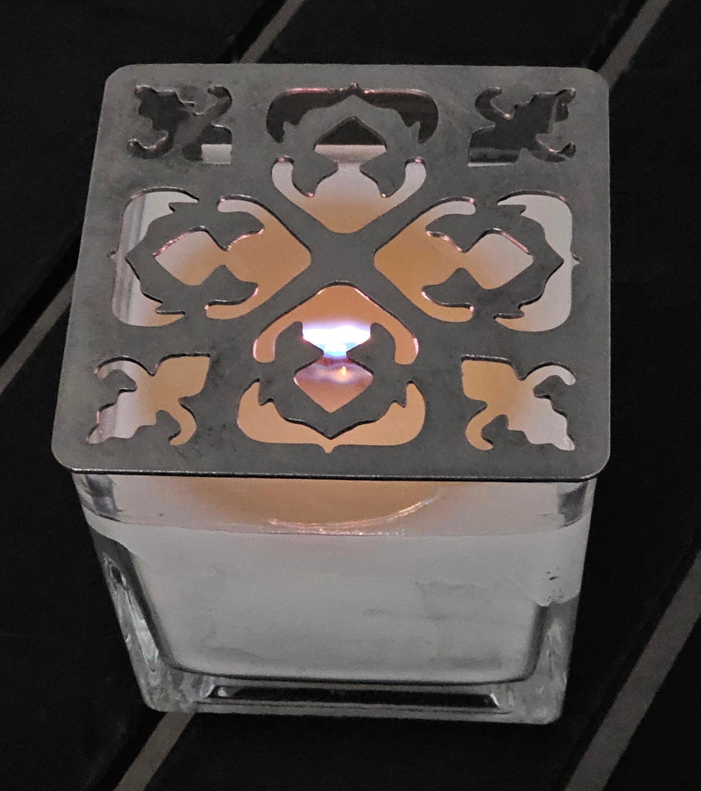 Embercrest Filigree Square Candle Topper – Ornate Metal Candle Lid for Even Burn – Prevents Tunneling – Decorative Square Jar Candle Cover