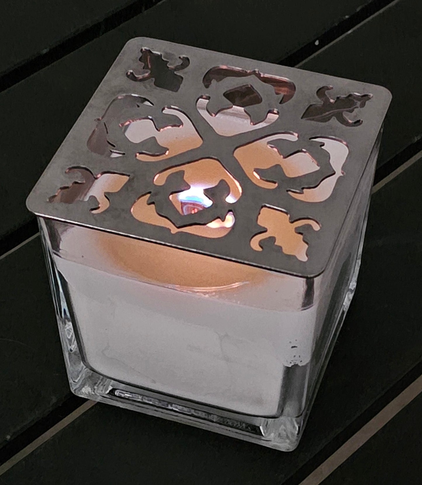 Embercrest Filigree Square Candle Topper – Ornate Metal Candle Lid for Even Burn – Prevents Tunneling – Decorative Square Jar Candle Cover