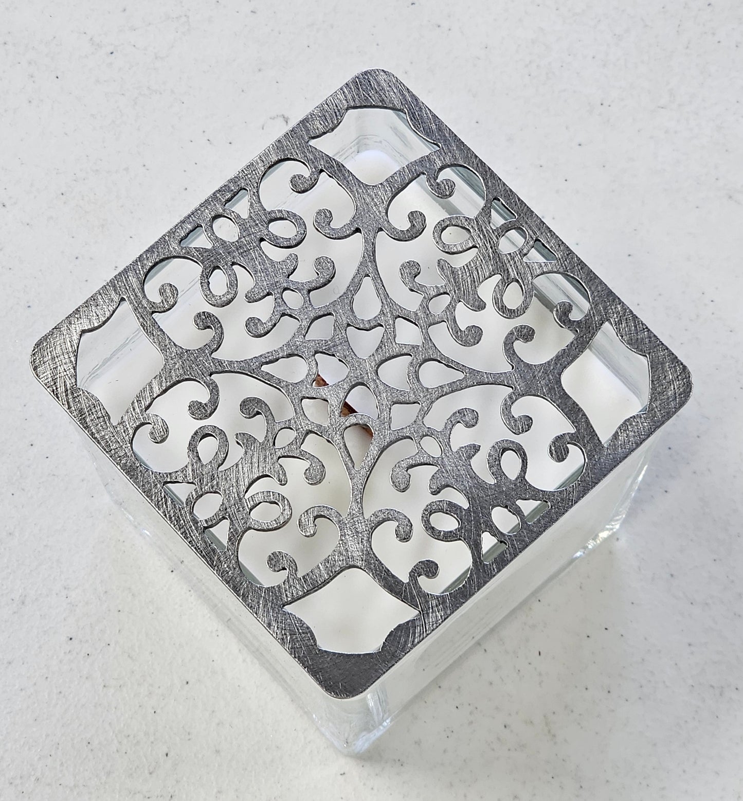 square baroque candle topper ornate filigree metal design