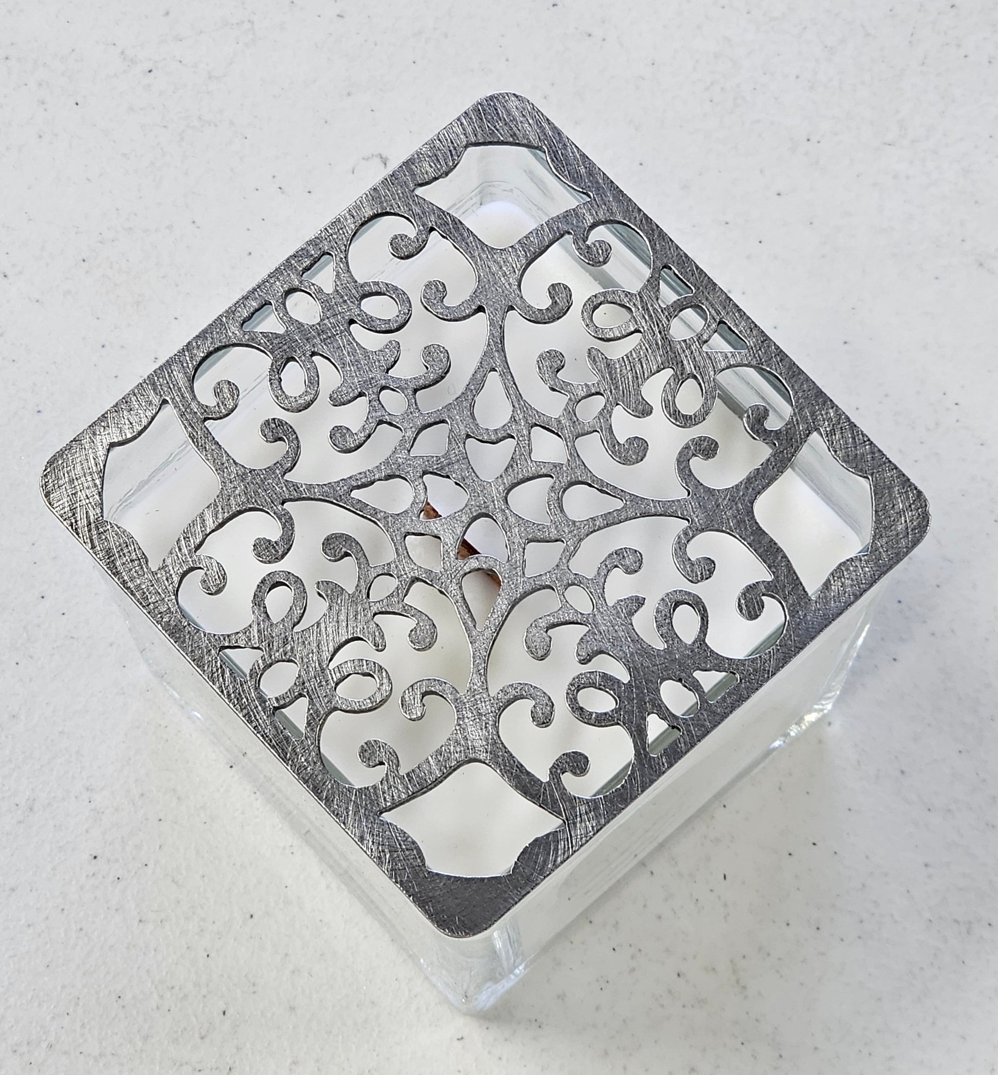 square baroque candle topper ornate filigree metal design