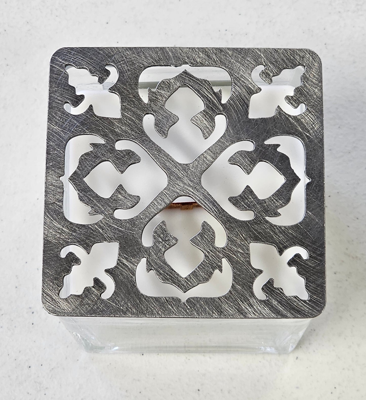 Embercrest Filigree Square Candle Topper – Ornate Metal Candle Lid for Even Burn – Prevents Tunneling – Decorative Square Jar Candle Cover