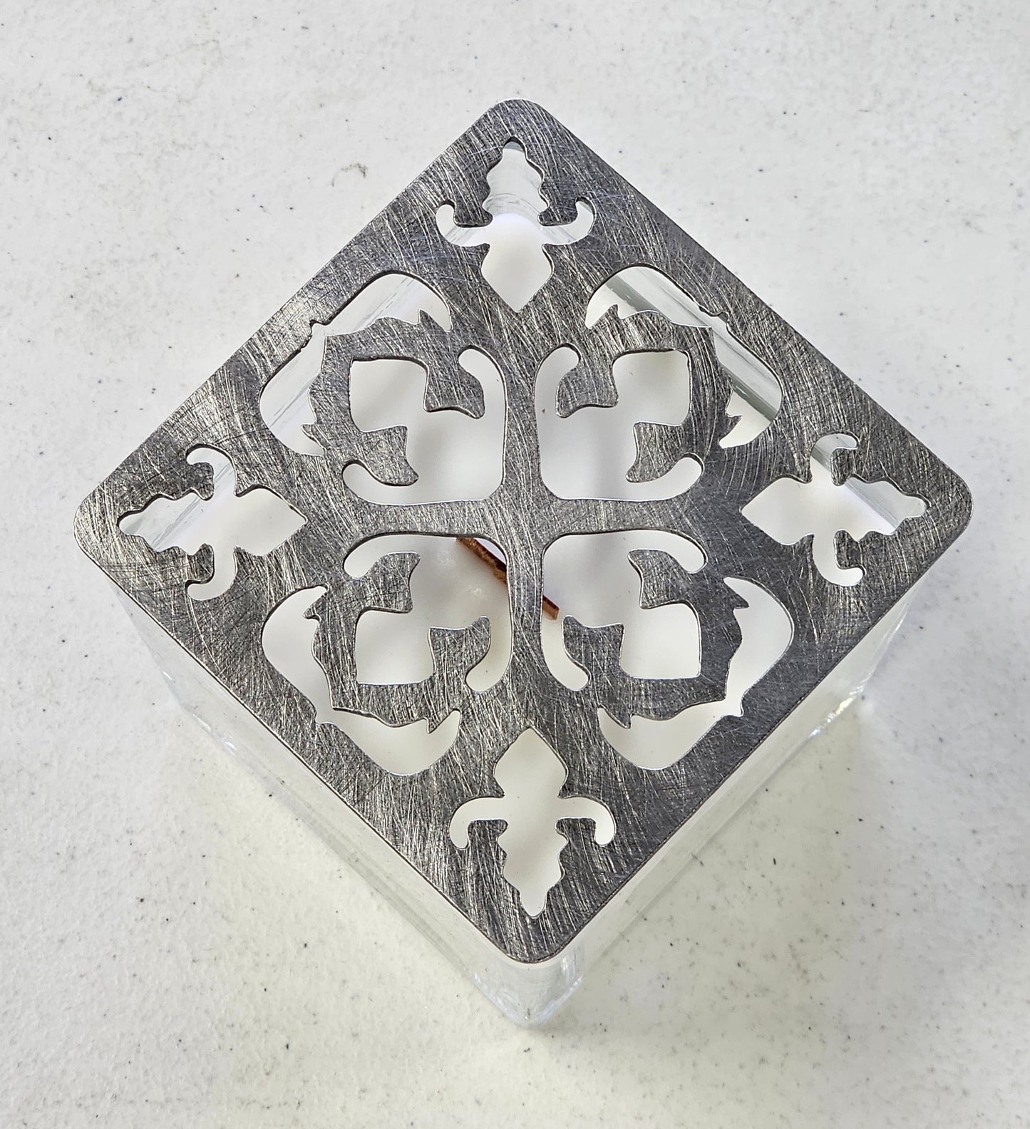 Embercrest Filigree Square Candle Topper – Ornate Metal Candle Lid for Even Burn – Prevents Tunneling – Decorative Square Jar Candle Cover