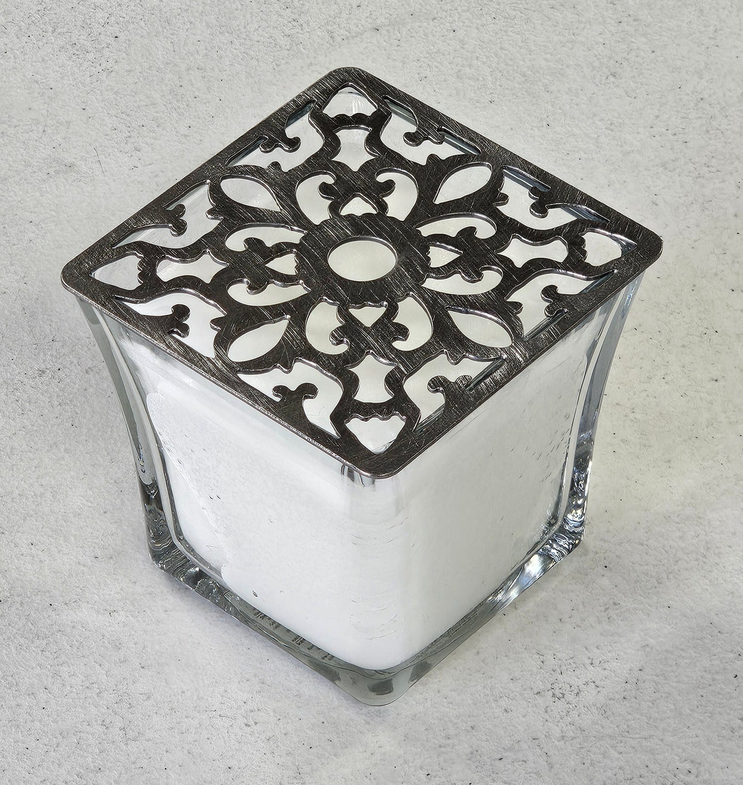 Square Vintage Floral Candle Topper – Ornate Metal Candle Jar Topper