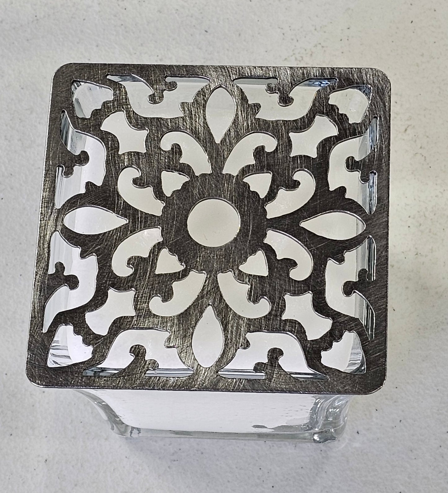 Square Vintage Floral Candle Topper – Ornate Metal Candle Jar Topper