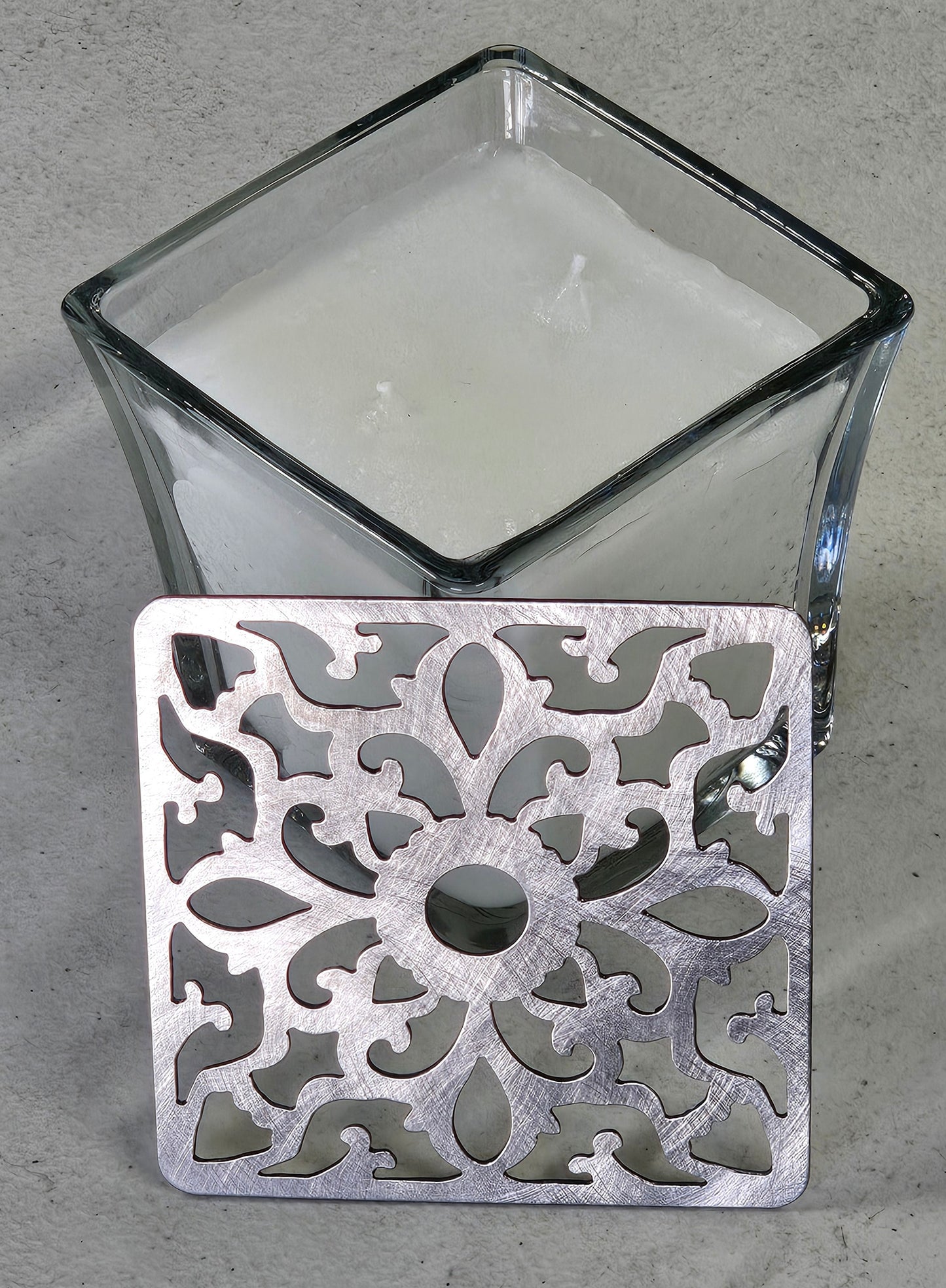 Square Vintage Floral Candle Topper – Ornate Metal Candle Jar Topper