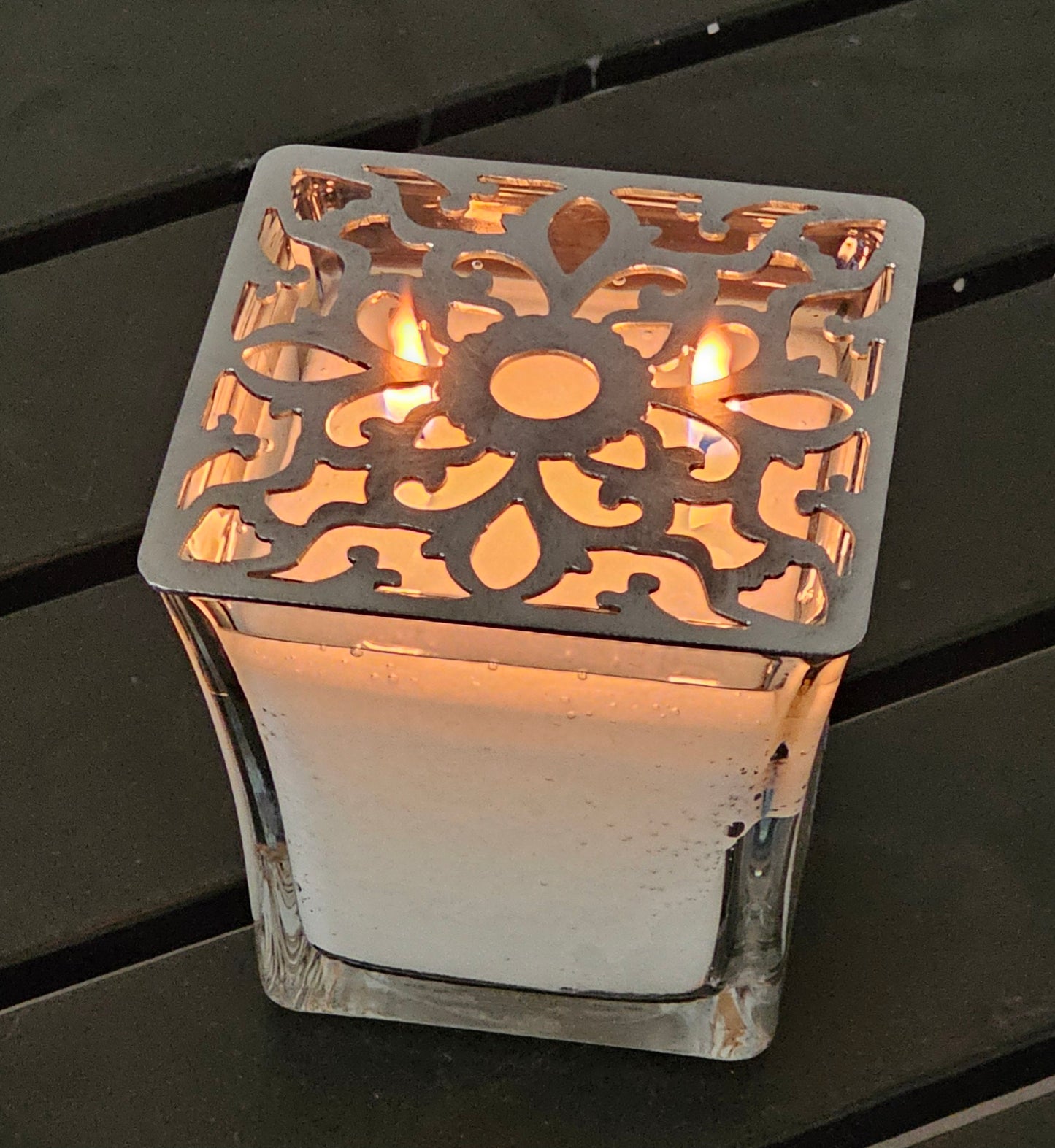Square Vintage Floral Candle Topper – Ornate Metal Candle Jar Topper