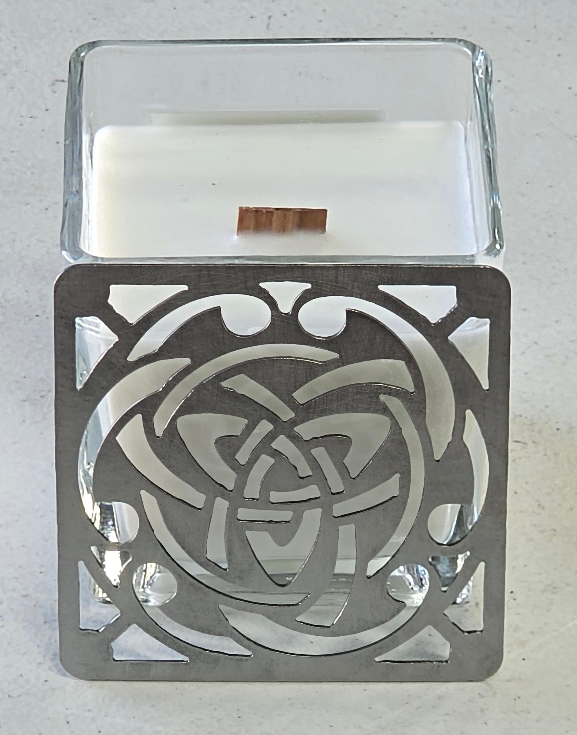 Celtic Trinity Knot candle topper square metal shade glowing on jar candle