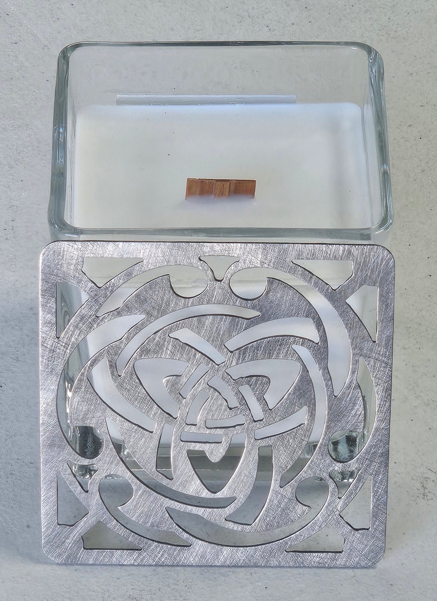 Square Celtic Trinity Knot candle topper square metal shade glowing on jar candle