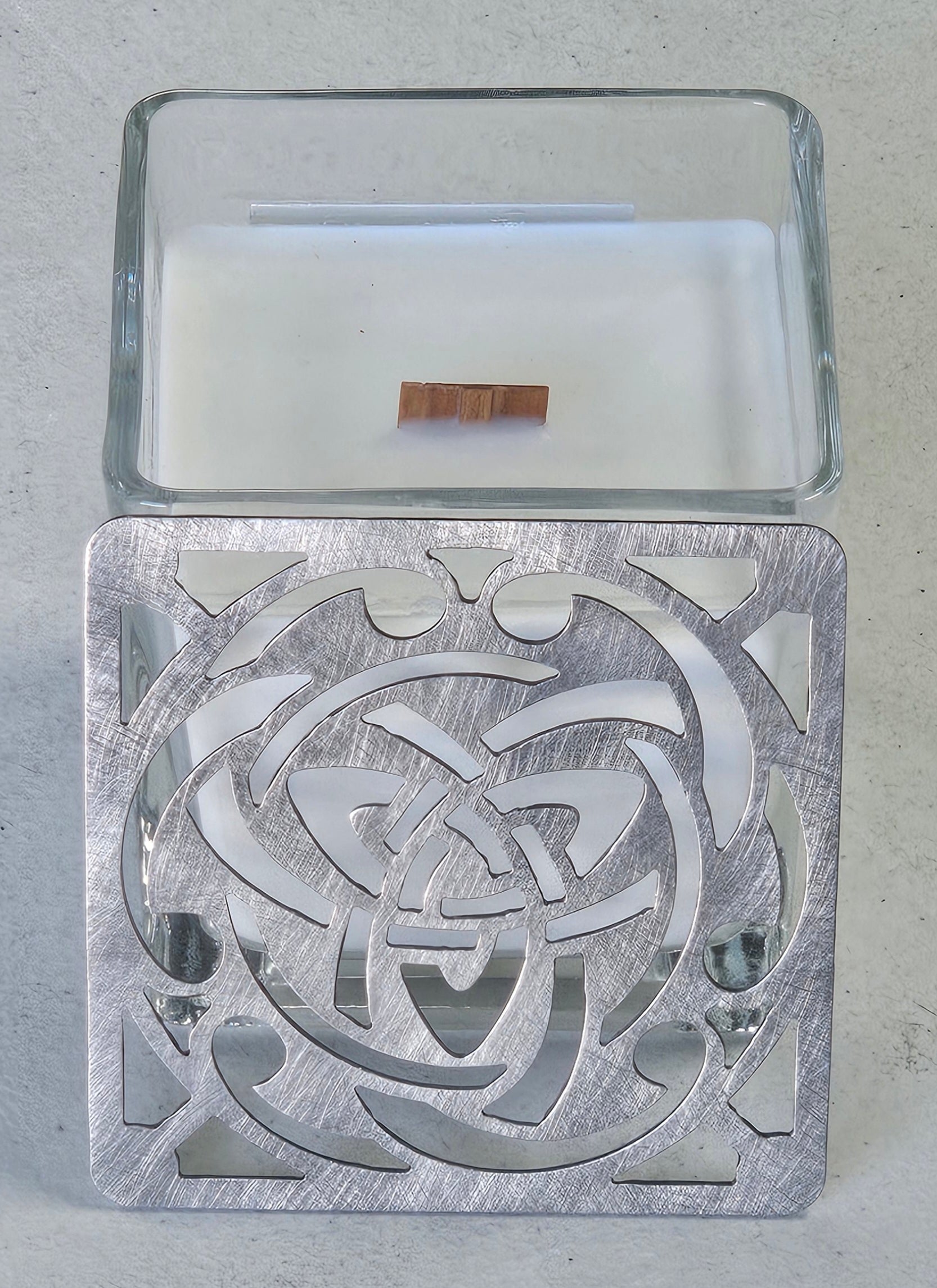 Square Celtic Trinity Knot candle topper square metal shade glowing on jar candle