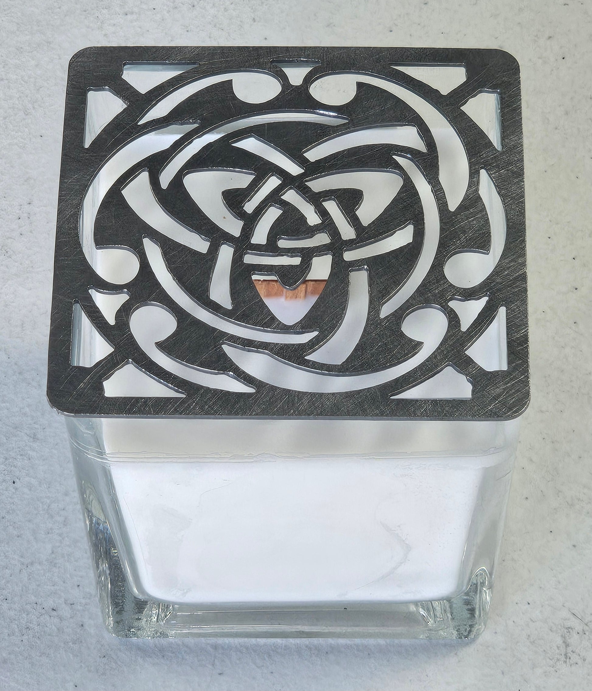 Celtic Trinity Knot candle topper square metal shade glowing on jar candle
