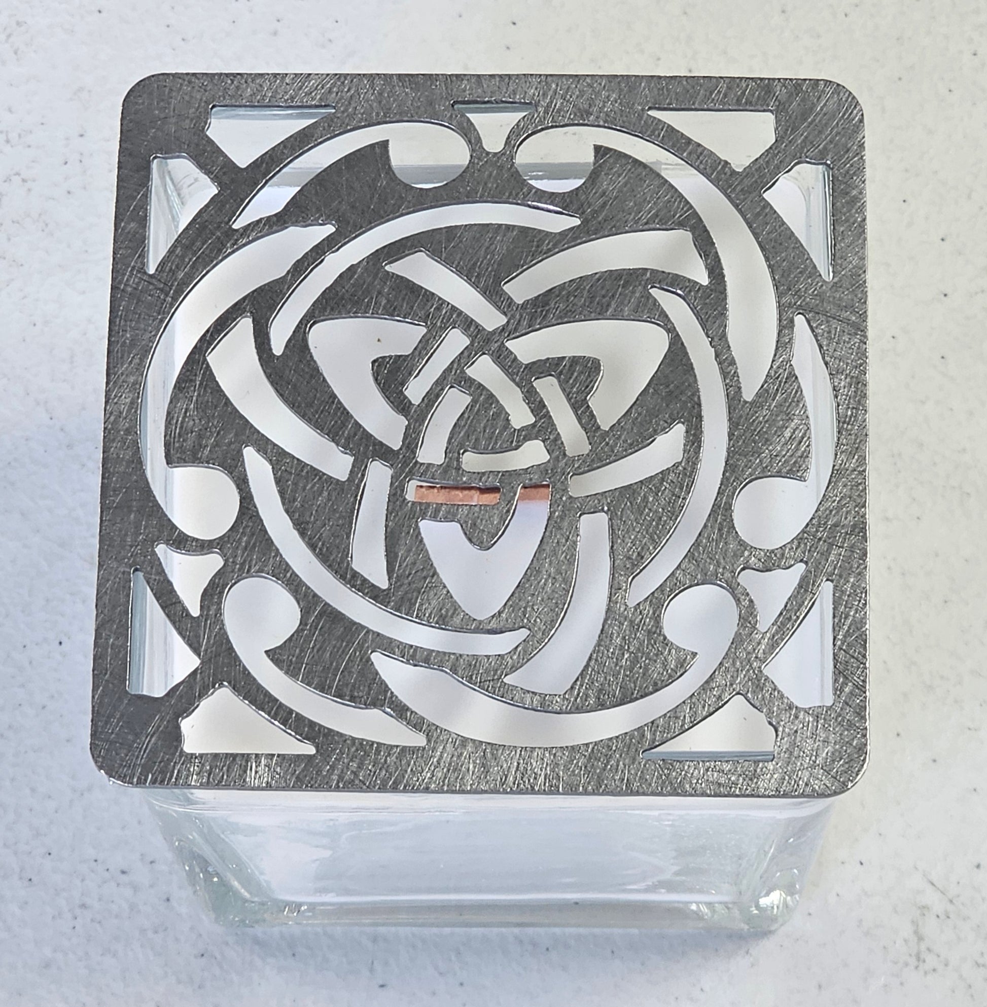 Square Celtic Trinity Knot candle topper square metal shade glowing on jar candle