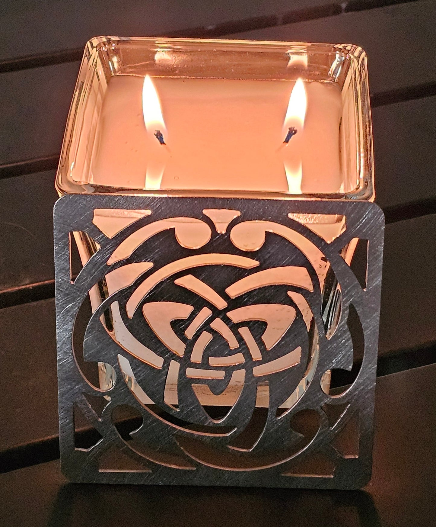 Celtic Trinity Knot candle topper square metal shade glowing on jar candle