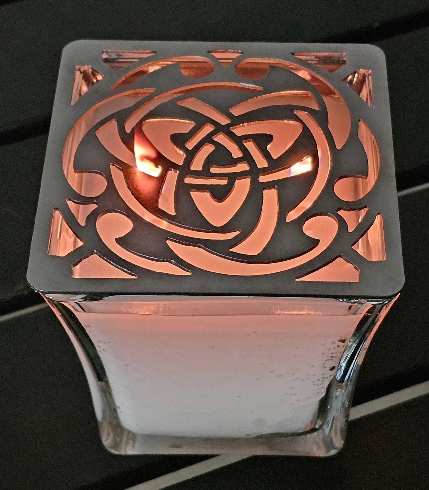 Celtic Trinity Knot candle topper square metal shade glowing on jar candle