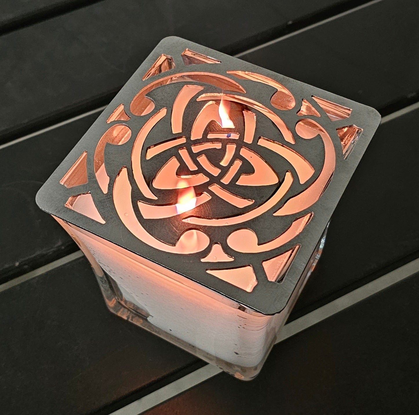Celtic Trinity Knot candle topper square metal shade glowing on jar candle
