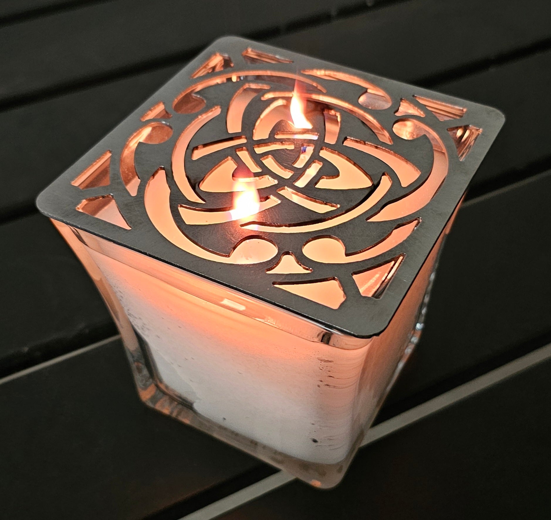 Celtic Trinity Knot candle topper square metal shade glowing on jar candle