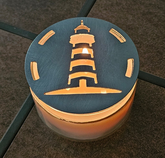 Nautical metal candle topper glowing