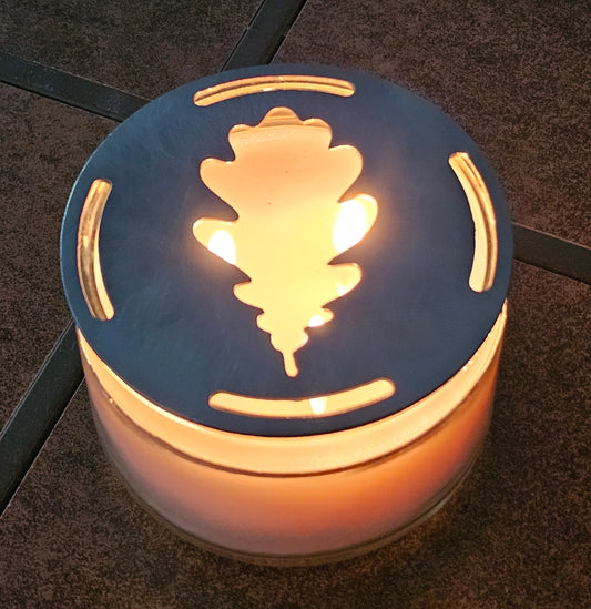 Oak Leaf Candle Topper - Rustic Metal Candle Lid for Jar Candles, Fall & Woodland Home Decor, Decorative Metal Candle Topper