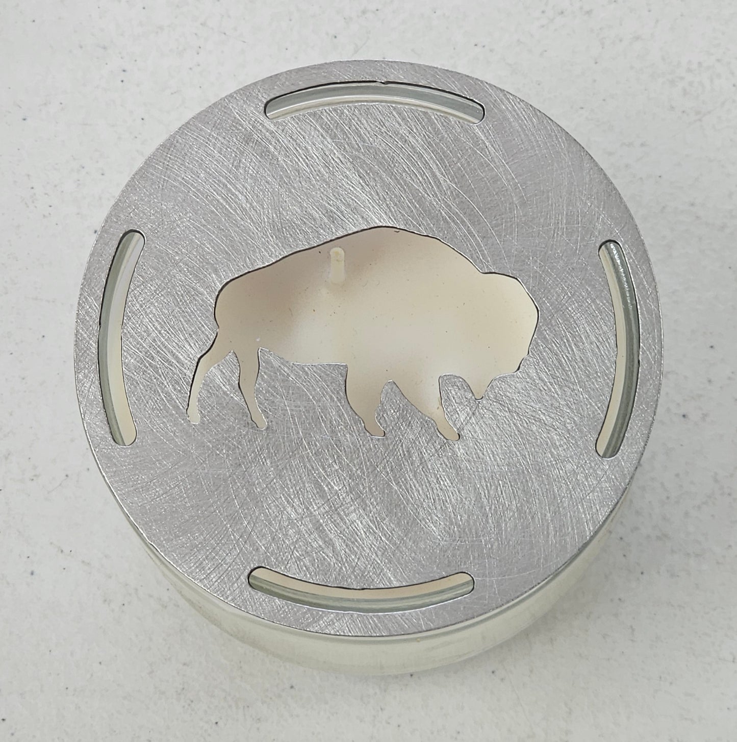Steel bison candle topper raw finish top view