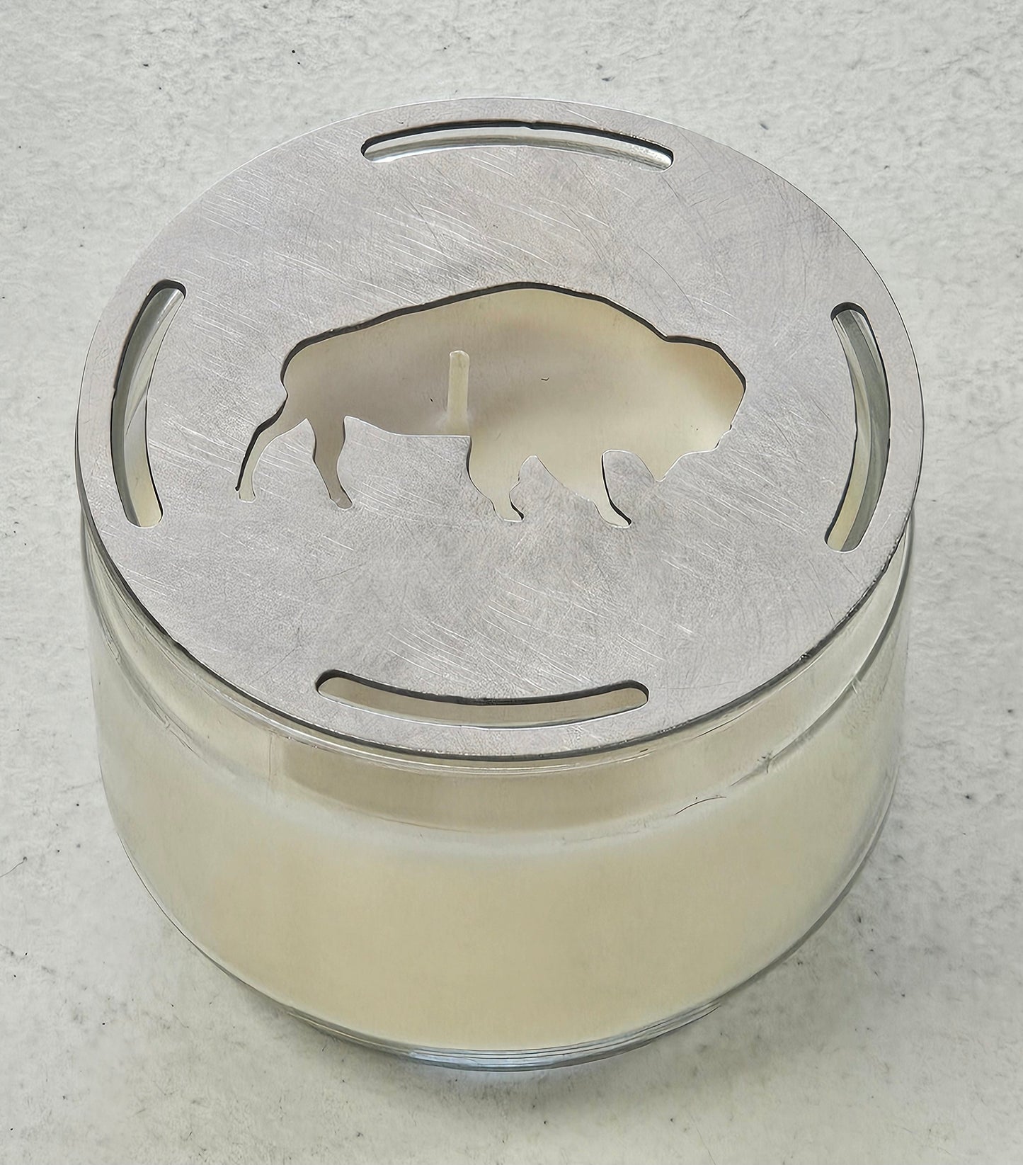 Steel bison candle topper raw finish top view