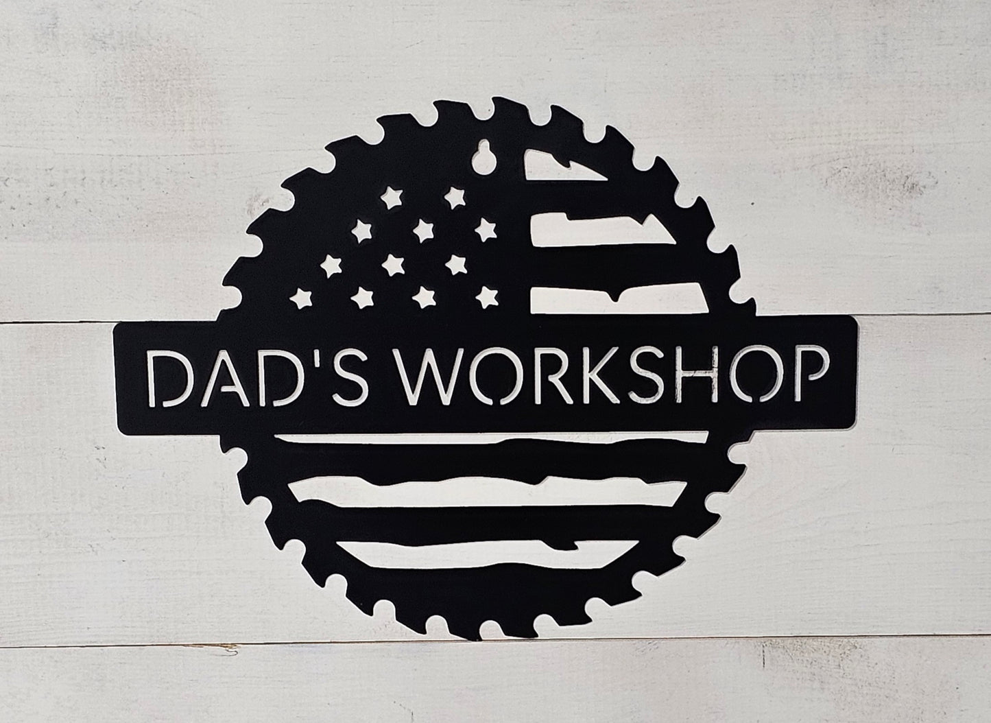Custom Flag Saw Blade Workshop Metal Sign 12"– Personalized Metal Shop Decor for Dad, Mom, or Any Name