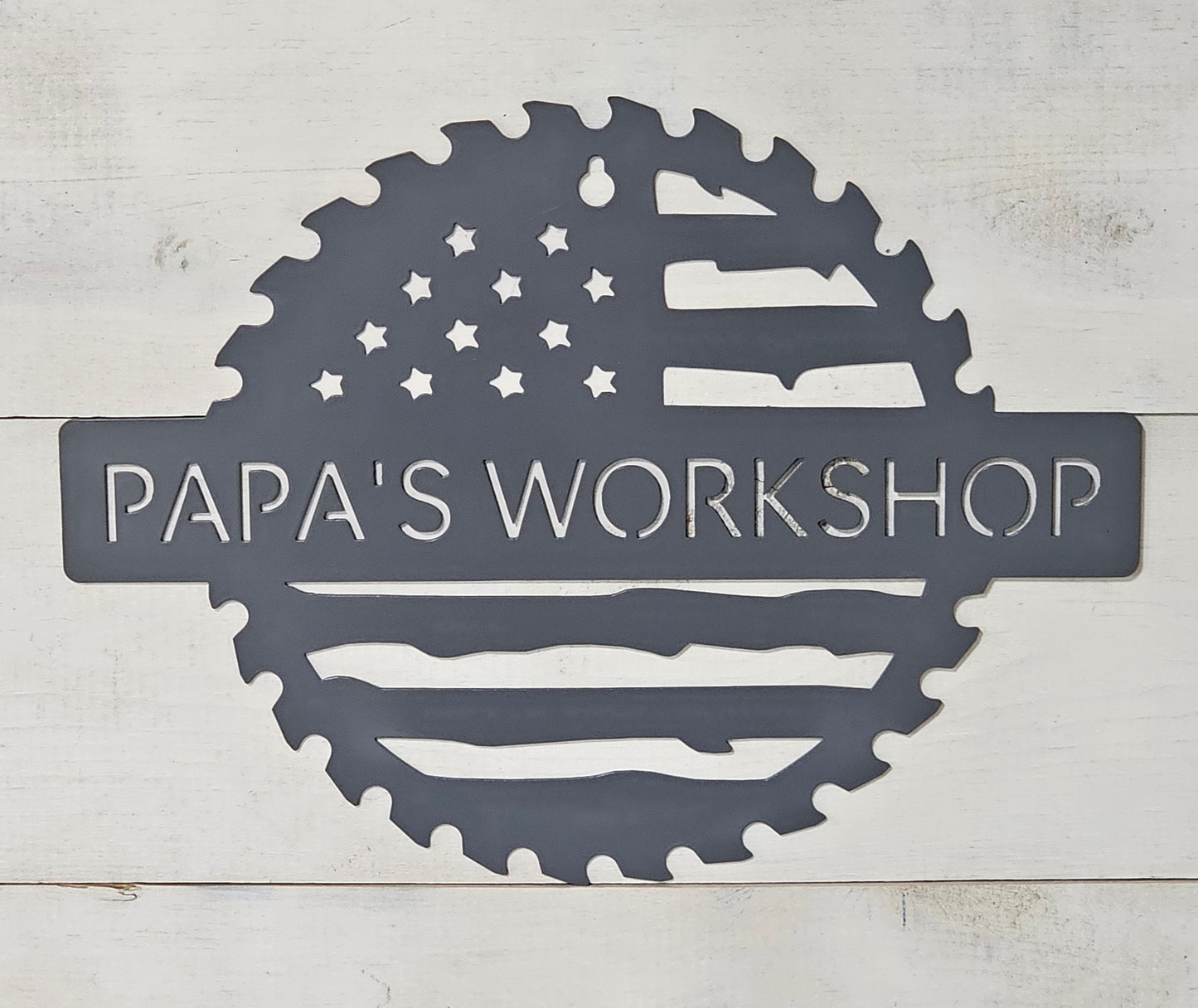 Custom Flag Saw Blade Workshop Metal Sign 12"– Personalized Metal Shop Decor for Dad, Mom, or Any Name
