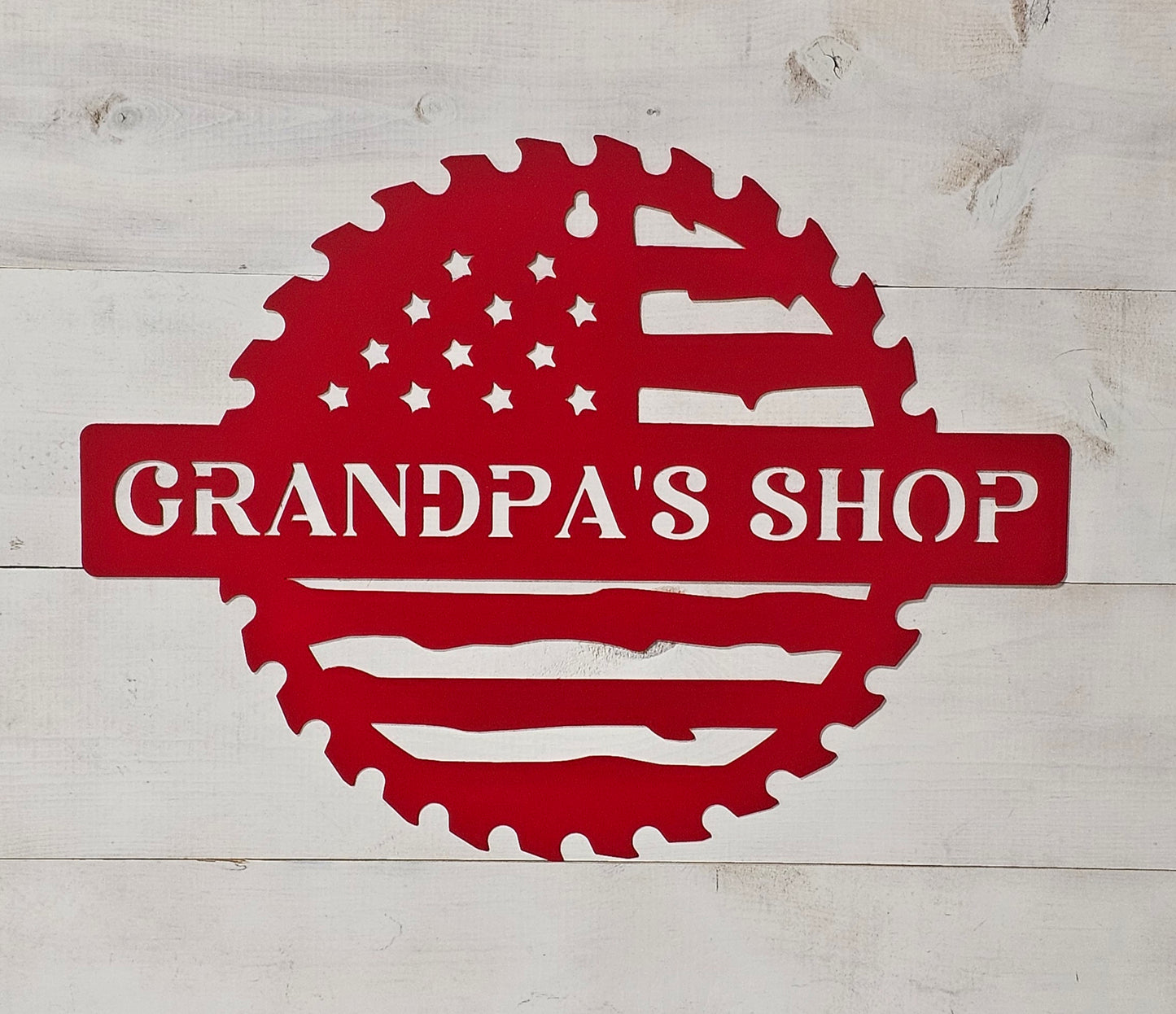 Custom Flag Saw Blade Workshop Metal Sign 12"– Personalized Metal Shop Decor for Dad, Mom, or Any Name