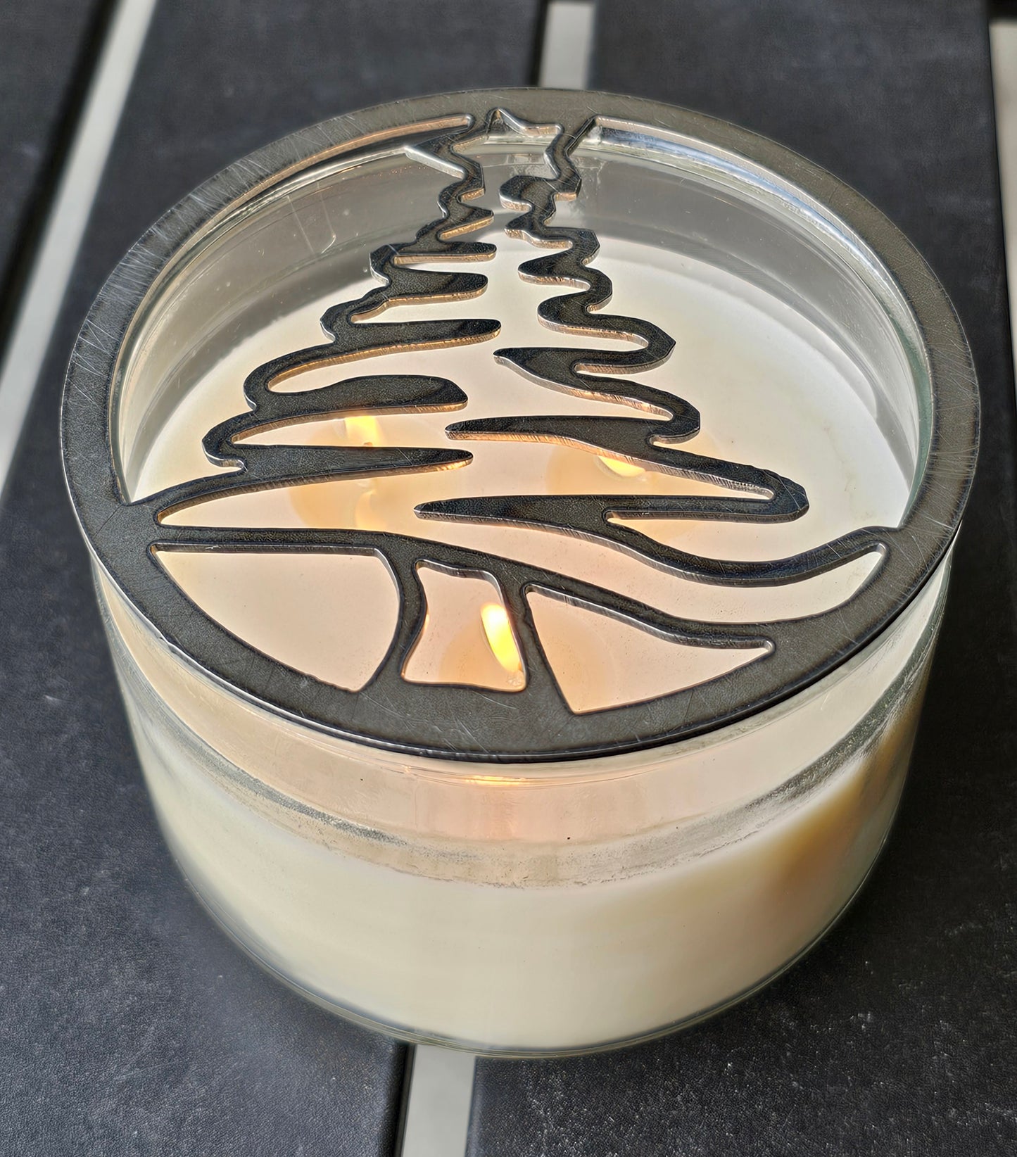 Christmas tree metal candle topper on jar candle