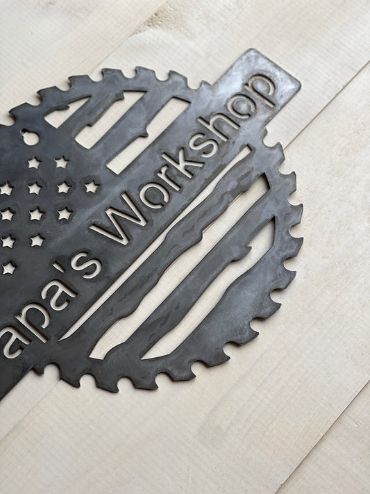 Papa Workshop Saw/Flag Metal Sign 12"