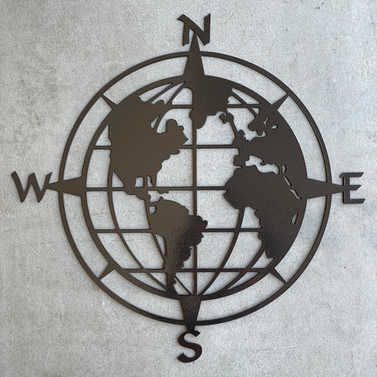 Metal World Compass Wall Sign – Rustic Globe Wall Art for Home or Office