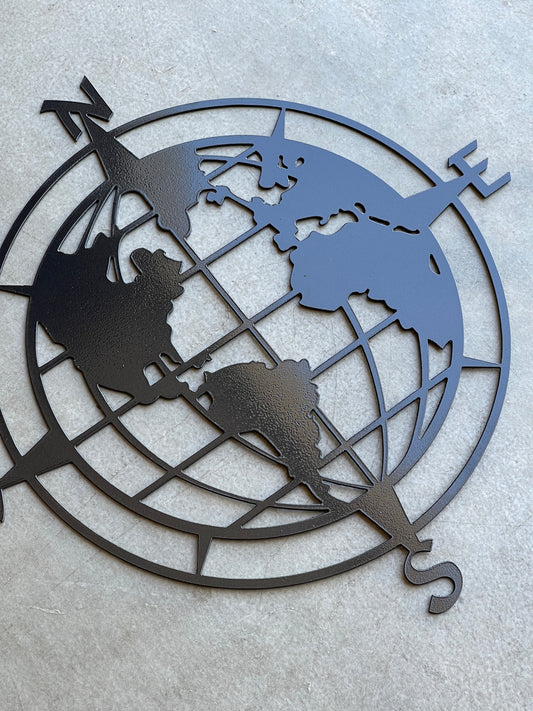 Metal World Compass Wall Sign – Rustic Globe Wall Art for Home or Office