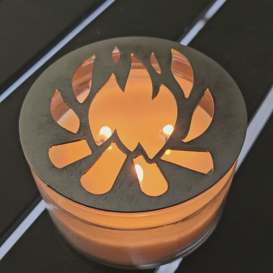 Campfire flame candle topper on jar candle preventing tunneling